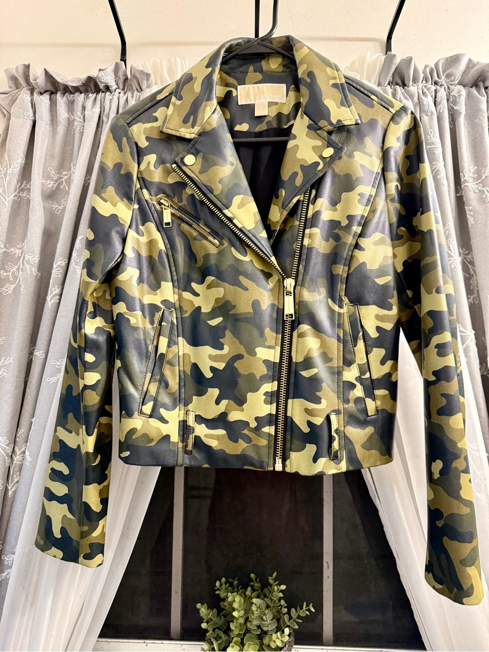 Michael Kors Olive Camo Faux Leather Moto Jacket